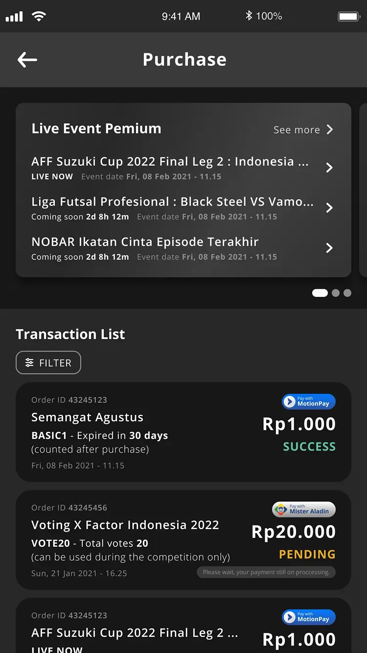 Purchase history with live event shortcuts and a transaction list showing payment status.