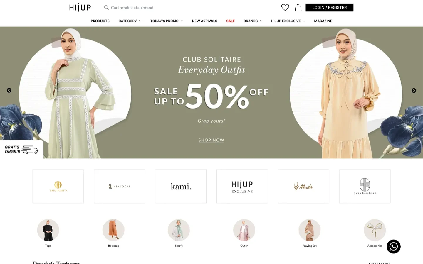 Homepage with a seasonal sale banner, featured brands, and product categories.