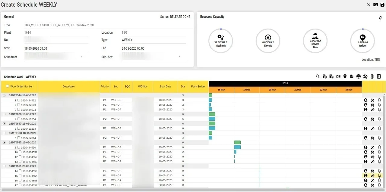 Weekly maintenance schedule builder with resource capacity and a Gantt timeline.