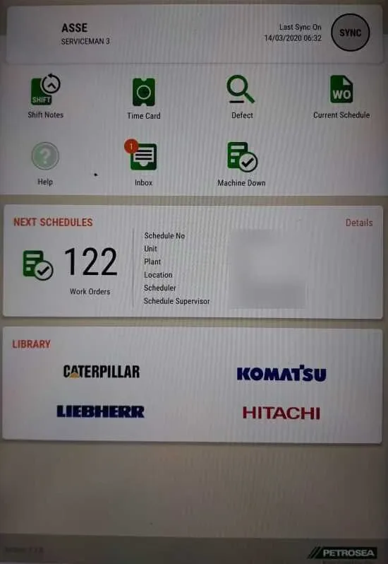 Crew tablet home with shift notes, time card, inbox, next schedules, and equipment library.