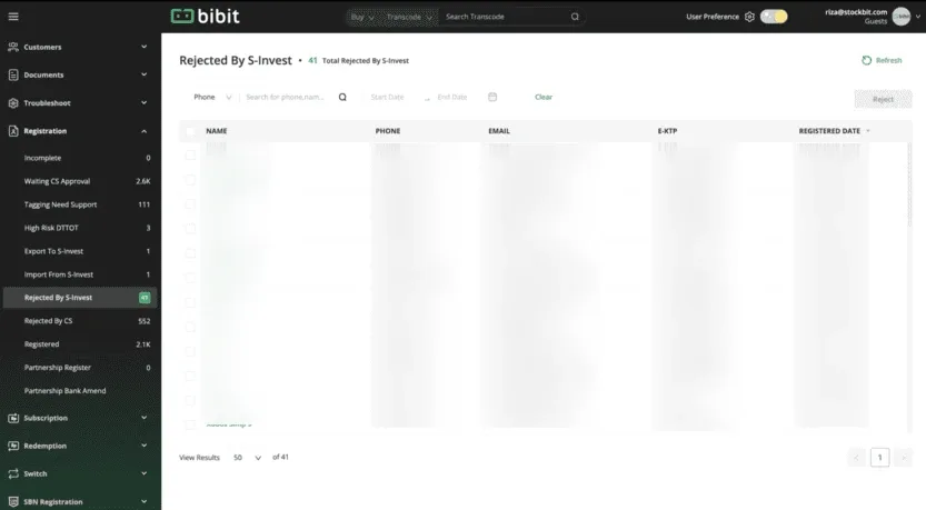 Backoffice registration queue of customers rejected by S-Invest, with filters and blurred customer data.