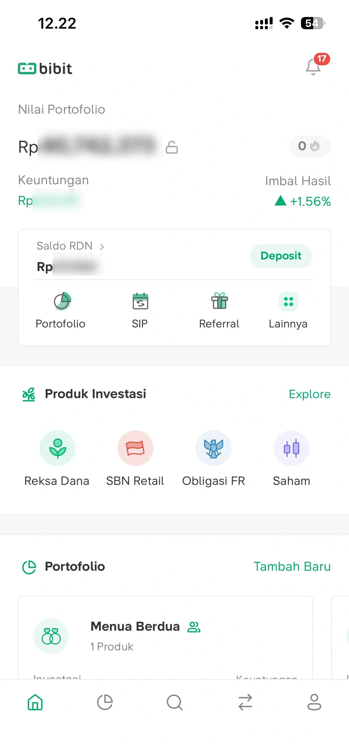Home with portfolio value, RDN balance, quick menus, and investment products.