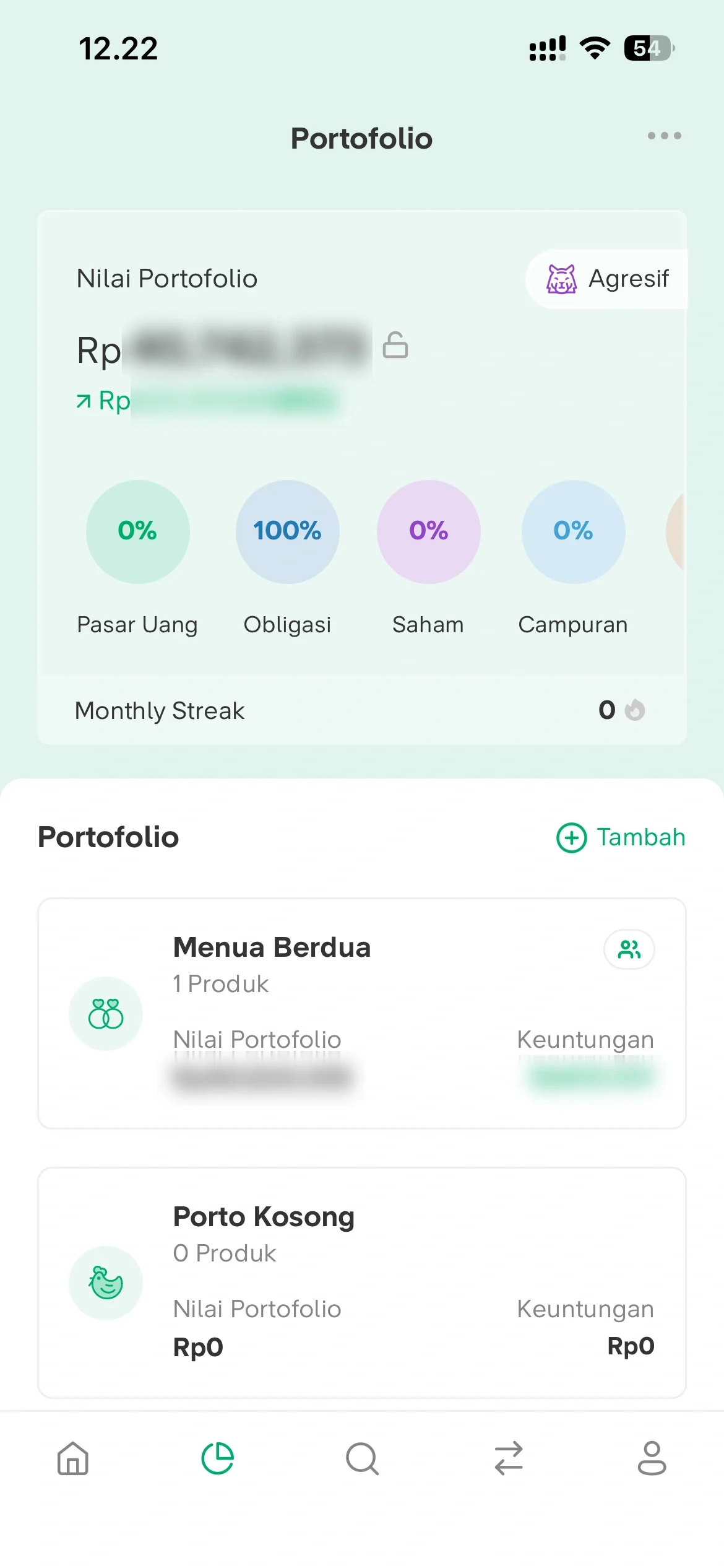 Portfolio page with allocation by asset class and a list of goal-based portfolios.