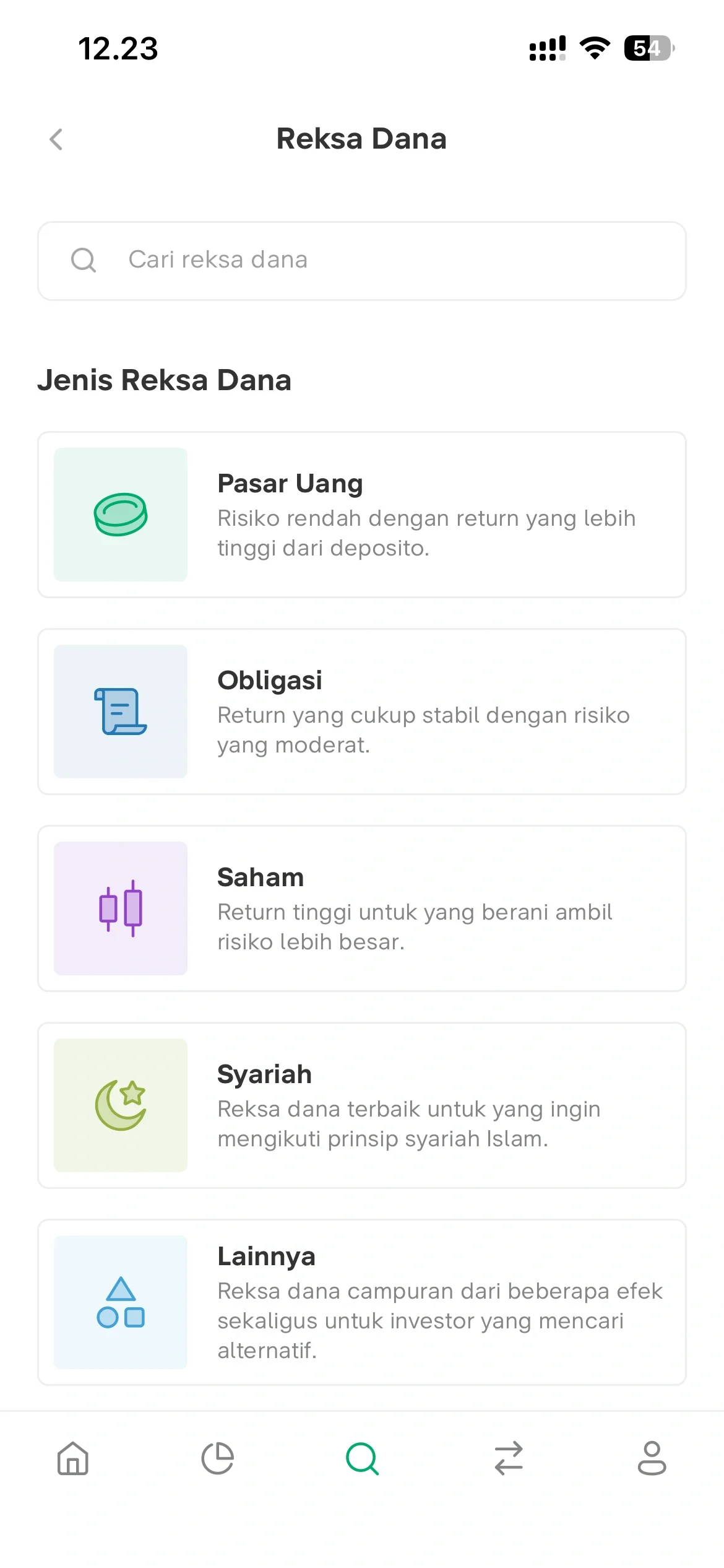 Mutual fund categories: money market, bonds, equity, sharia, and others.
