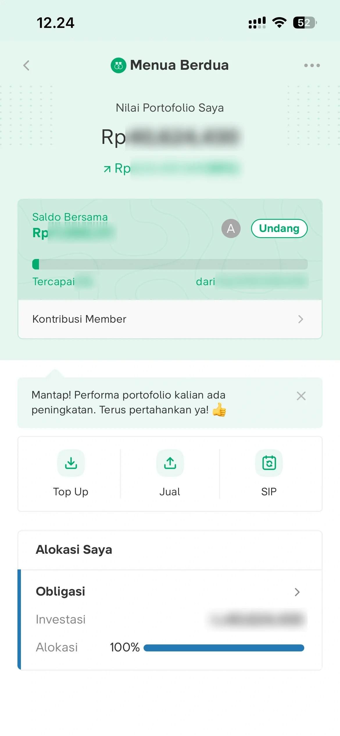 Shared "Menu Berdua" portfolio with joint balance, member contributions, and allocation.
