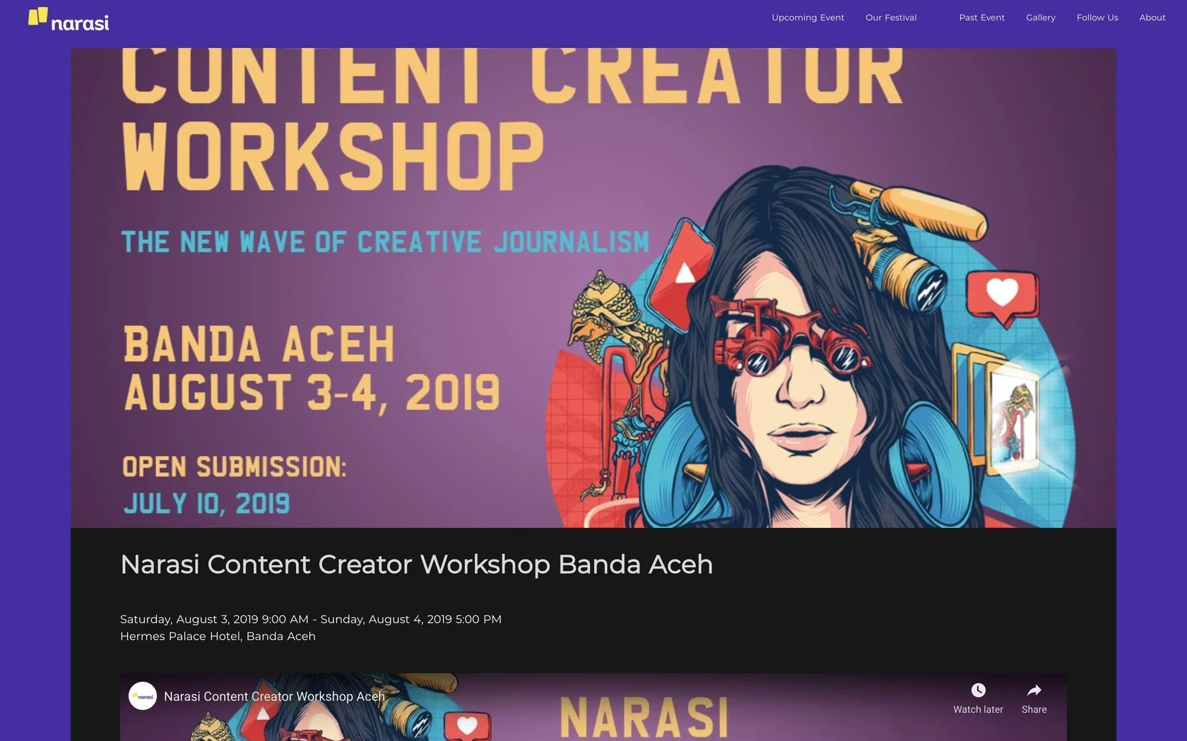 Event page for the Narasi Content Creator Workshop in Banda Aceh with date, venue, and video.