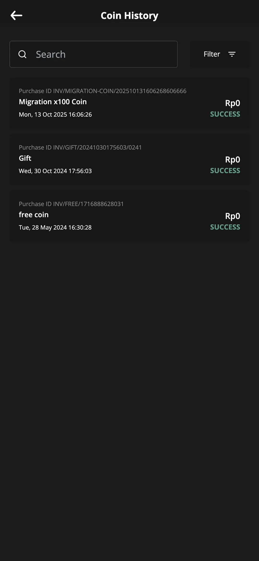 Coin history with migrations, gifts, and free coins.
