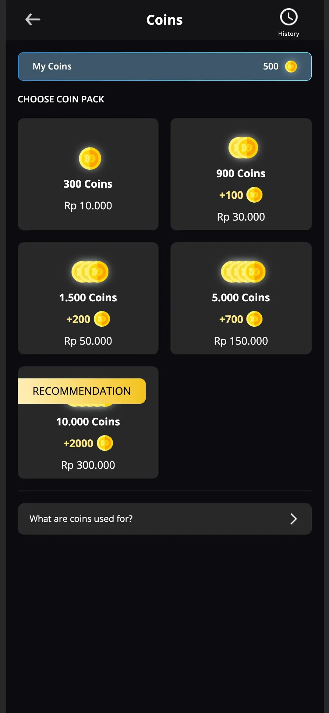 Coin packs with bonus coins and prices.