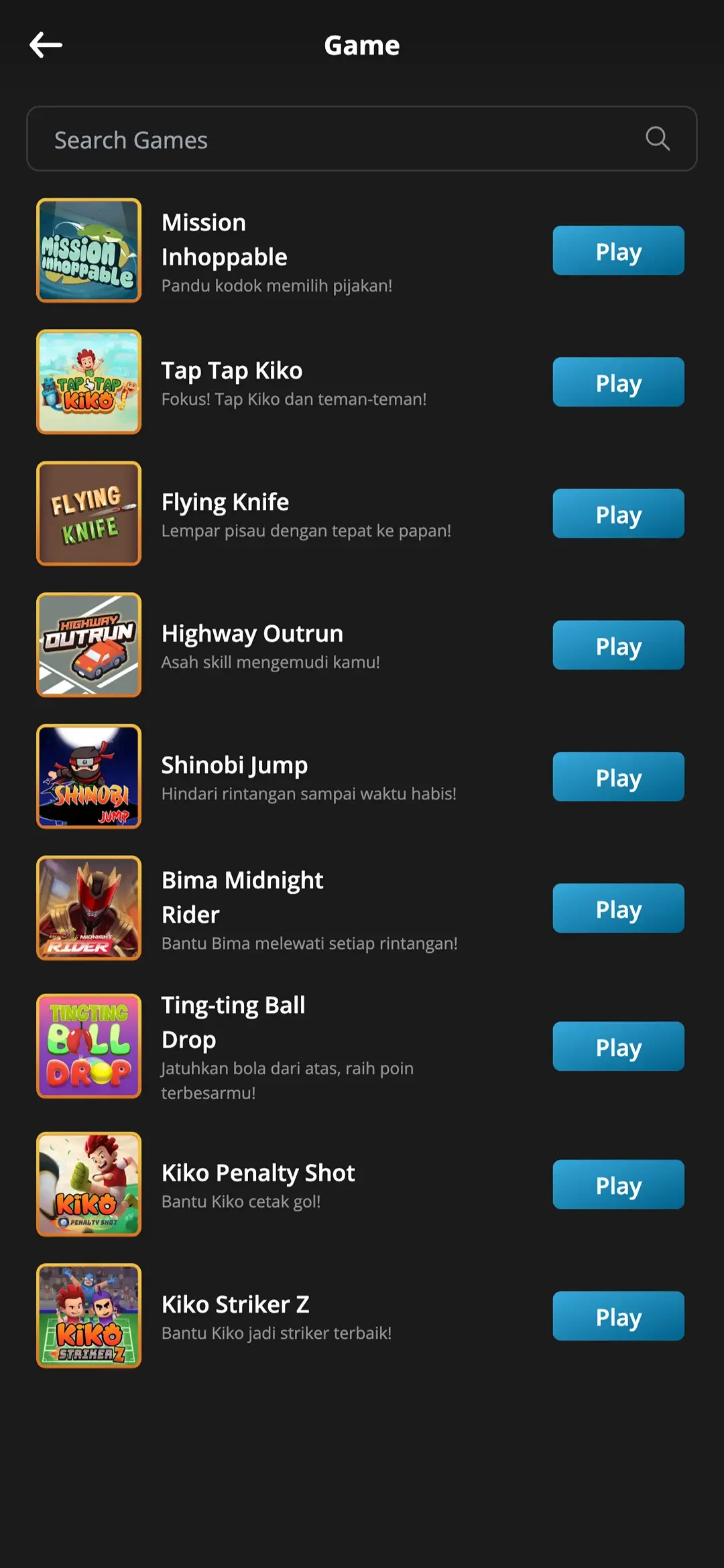Searchable list of HTML5 games with play buttons.