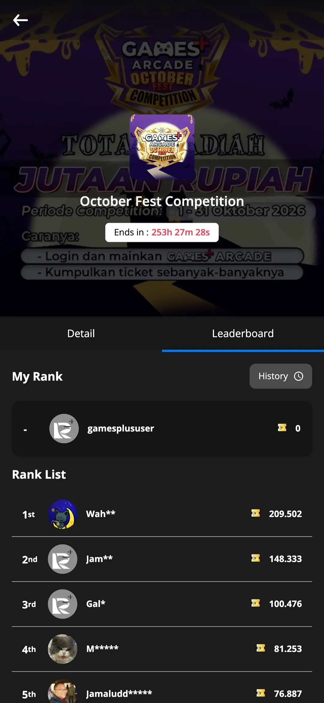October Fest competition leaderboard with the user's rank and top players.