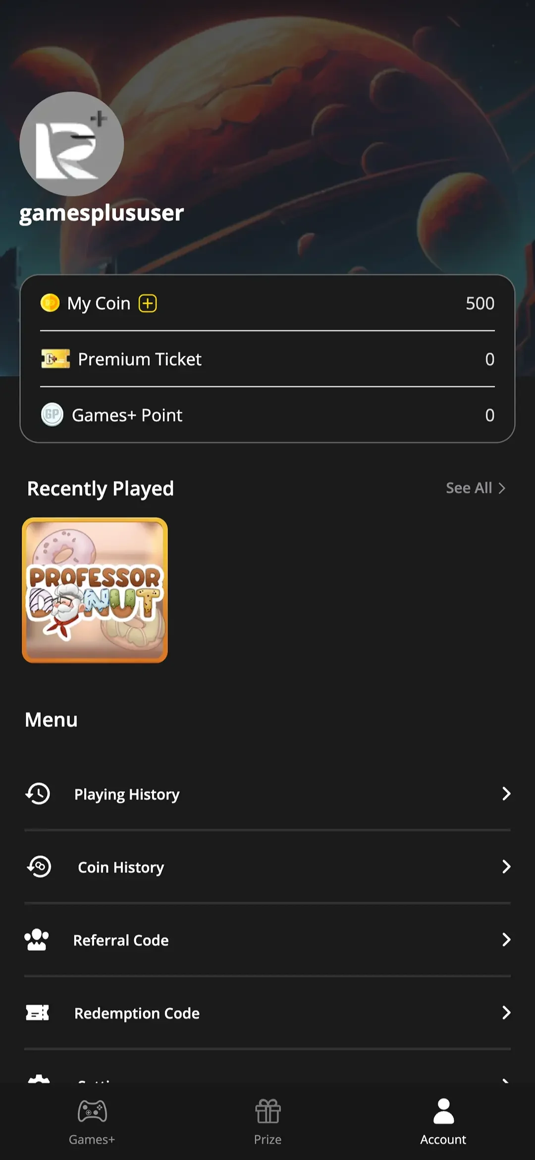 Account page with wallet balances, recently played games, and menu.