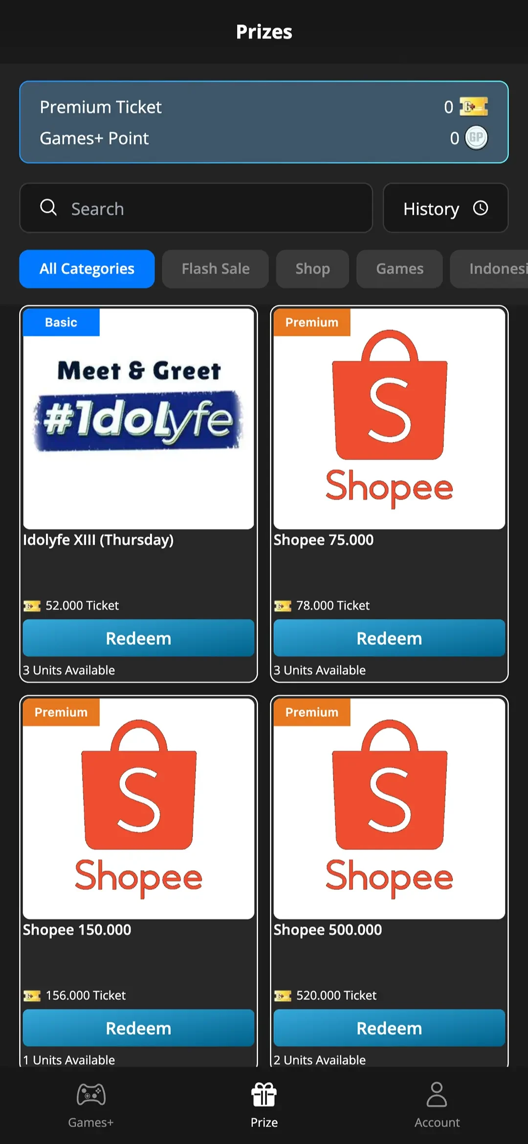 Prize catalogue for redeeming tickets for vouchers and event passes.
