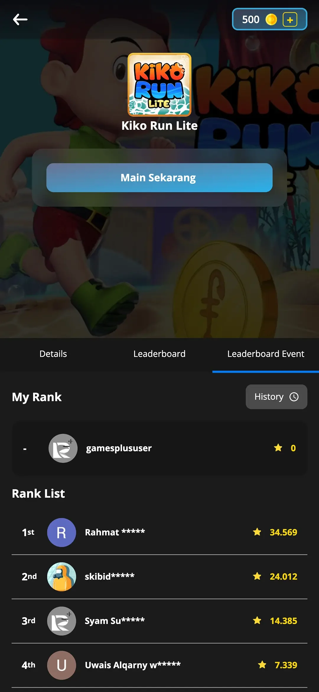 Per-game leaderboard with the user's rank and top scores.