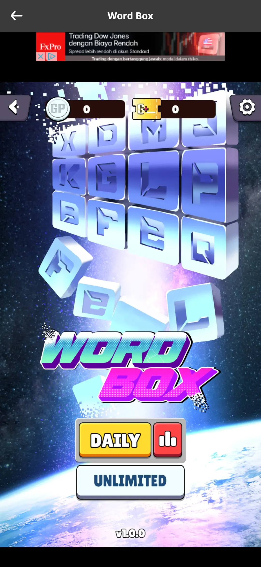 In-game screen of Word Box, an HTML5 puzzle game.