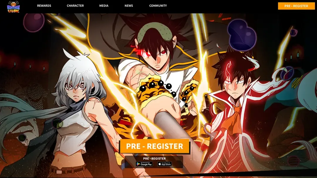 Hero with the game's main characters, a pre-register button, and app store badges.