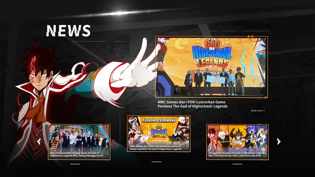 News carousel with launch event coverage.
