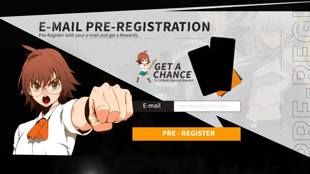 E-mail pre-registration form offering in-game rewards.