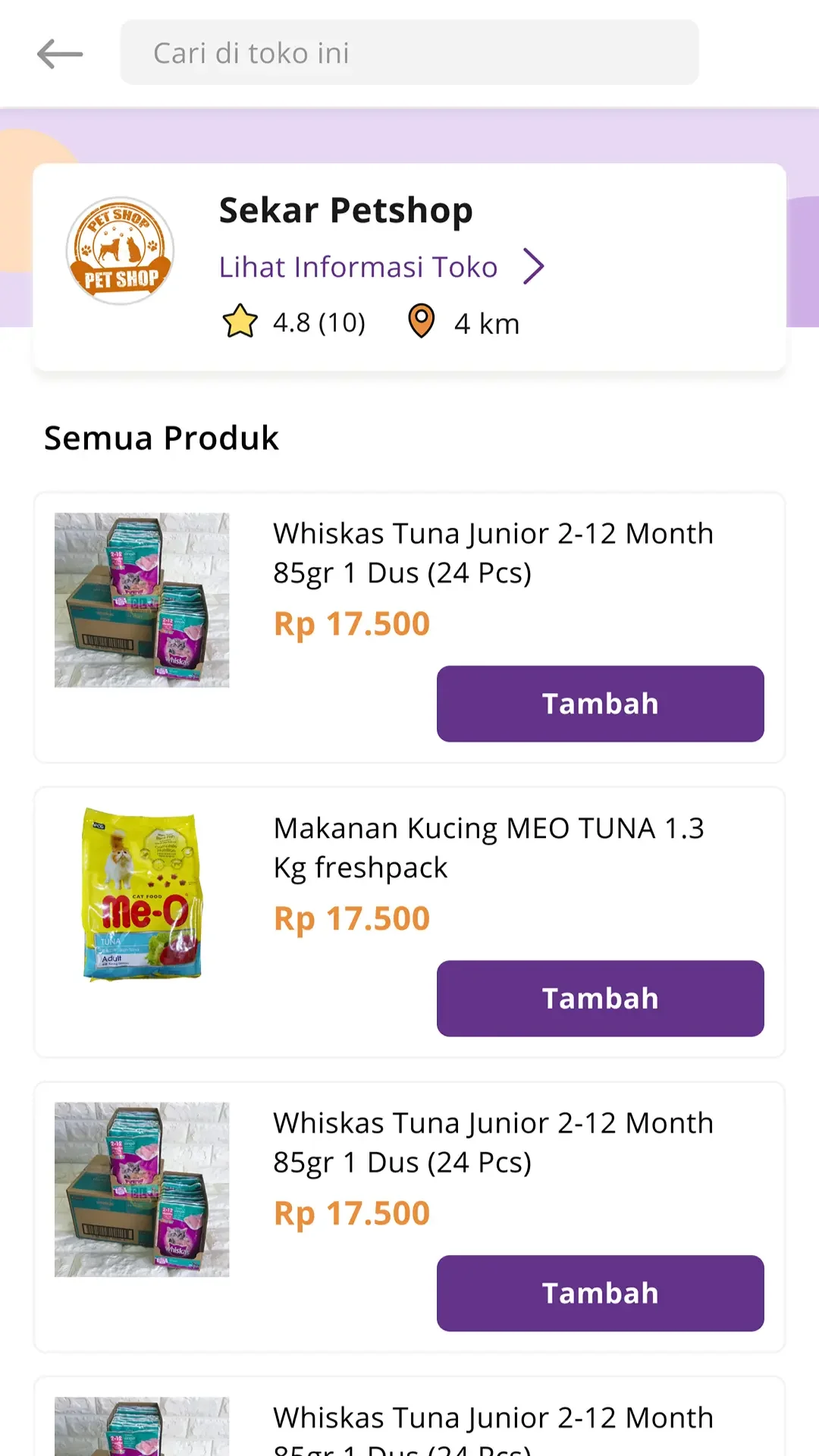 Pet shop page with rating, distance, and product list.