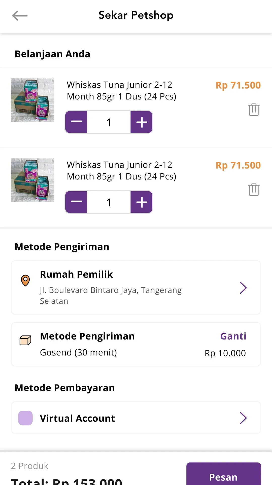 Cart with items, delivery address, on-demand shipping, and virtual account payment.