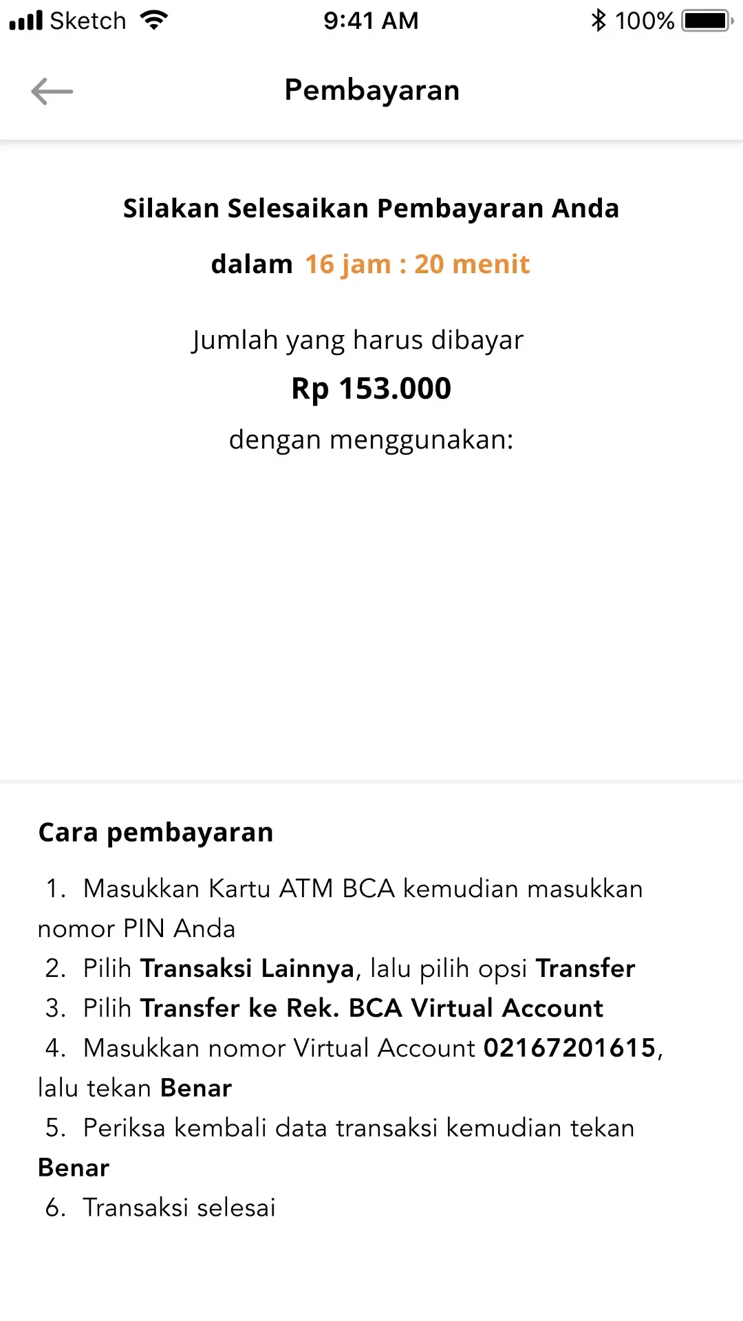 Payment instructions with deadline, amount, and virtual account steps.