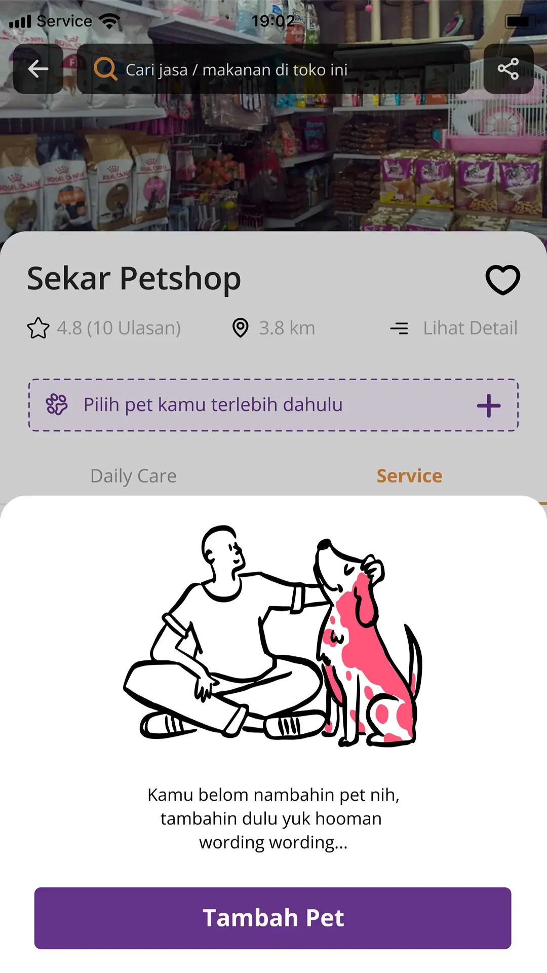 Shop page asking the user to add a pet before booking daily care or services.
