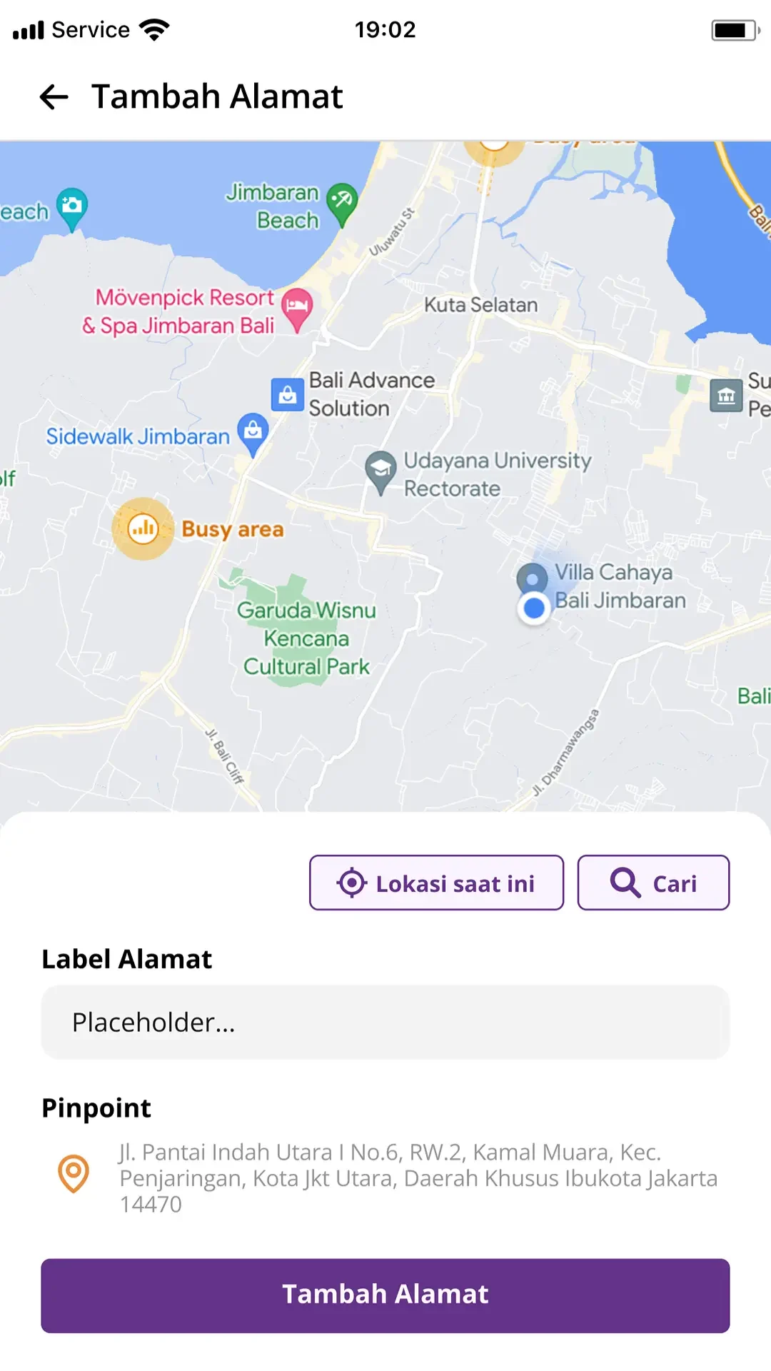 Map picker for adding a delivery address with a label and pinpoint.