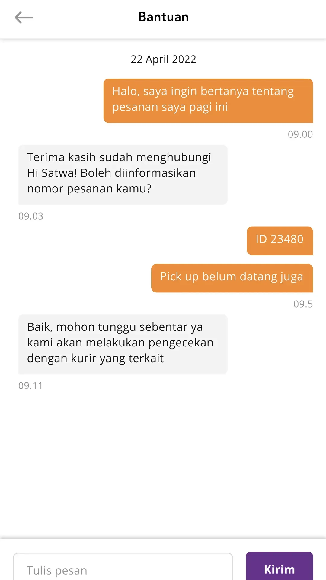 Support chat about the pickup status of an order.