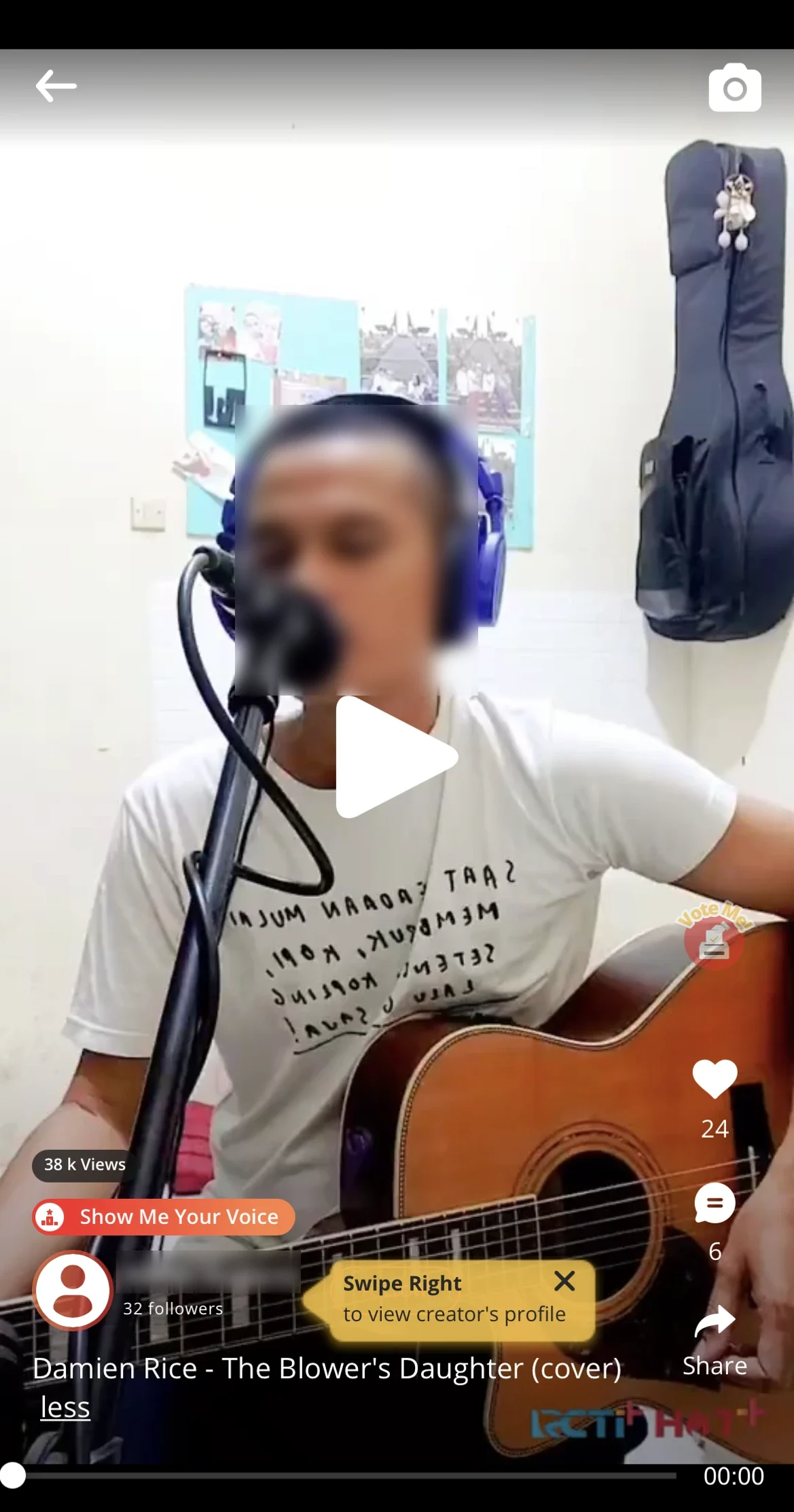 Vertical video player with likes, comments, share, and creator info.
