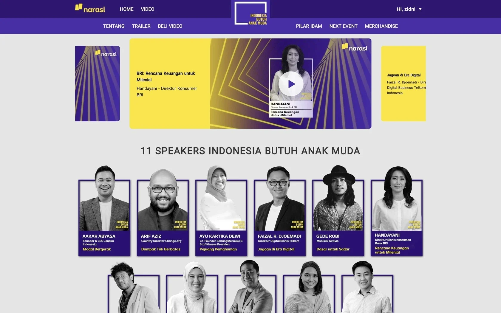 Event homepage with a featured talk video and the event's 11 speakers.
