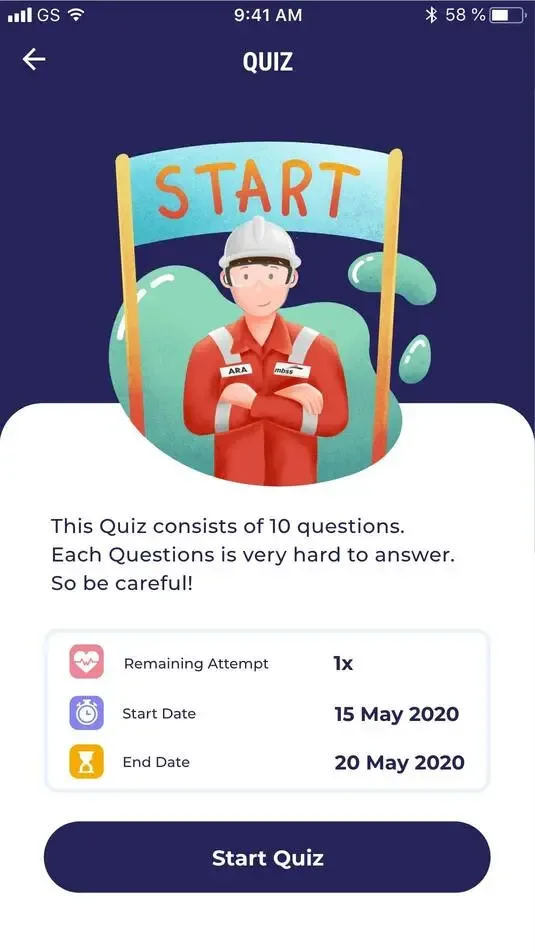 Quiz start screen with remaining attempts and quiz dates.