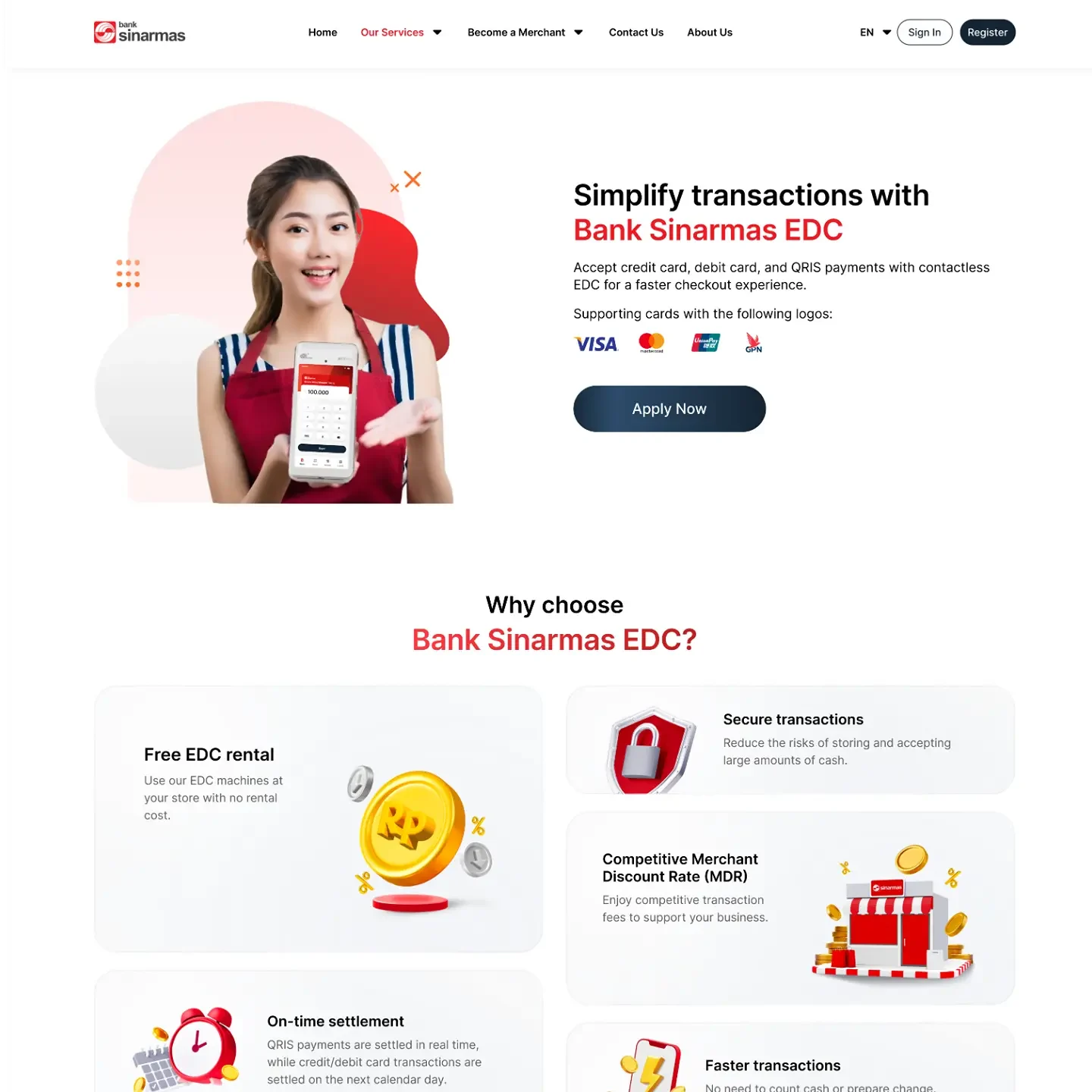 EDC page listing supported card networks and the benefits of Bank Sinarmas EDC.