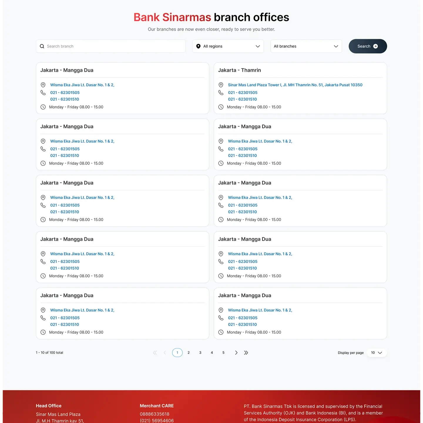 Searchable list of Bank Sinarmas branch offices with addresses and opening hours.