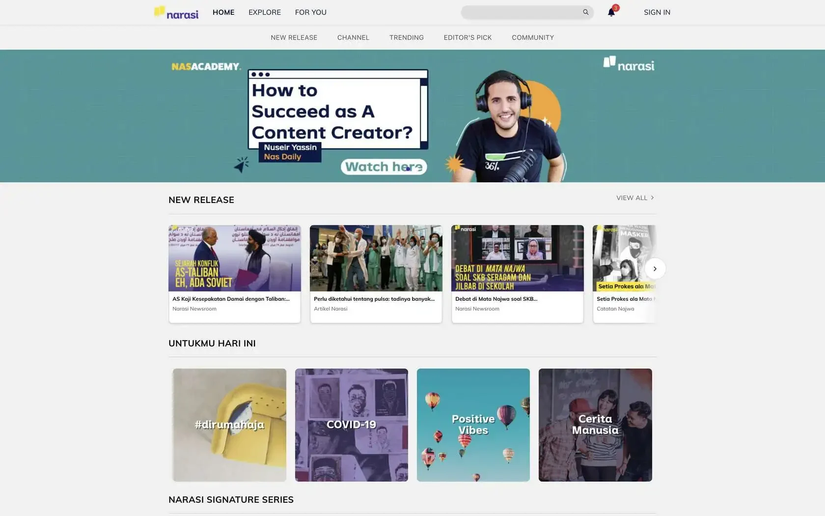 Homepage with a featured banner, new releases, and curated topics.