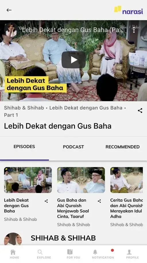 Mobile video page for a Shihab & Shihab episode with episodes and podcasts.