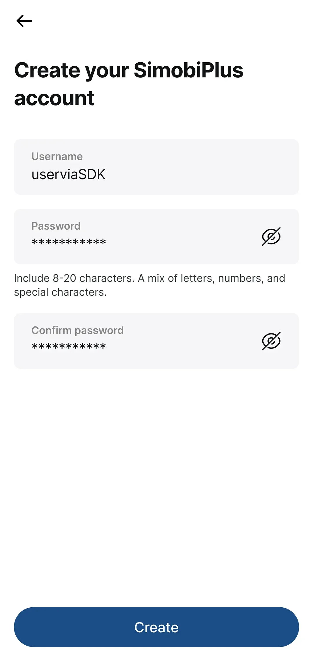 SimobiPlus account registration form with username and password fields.