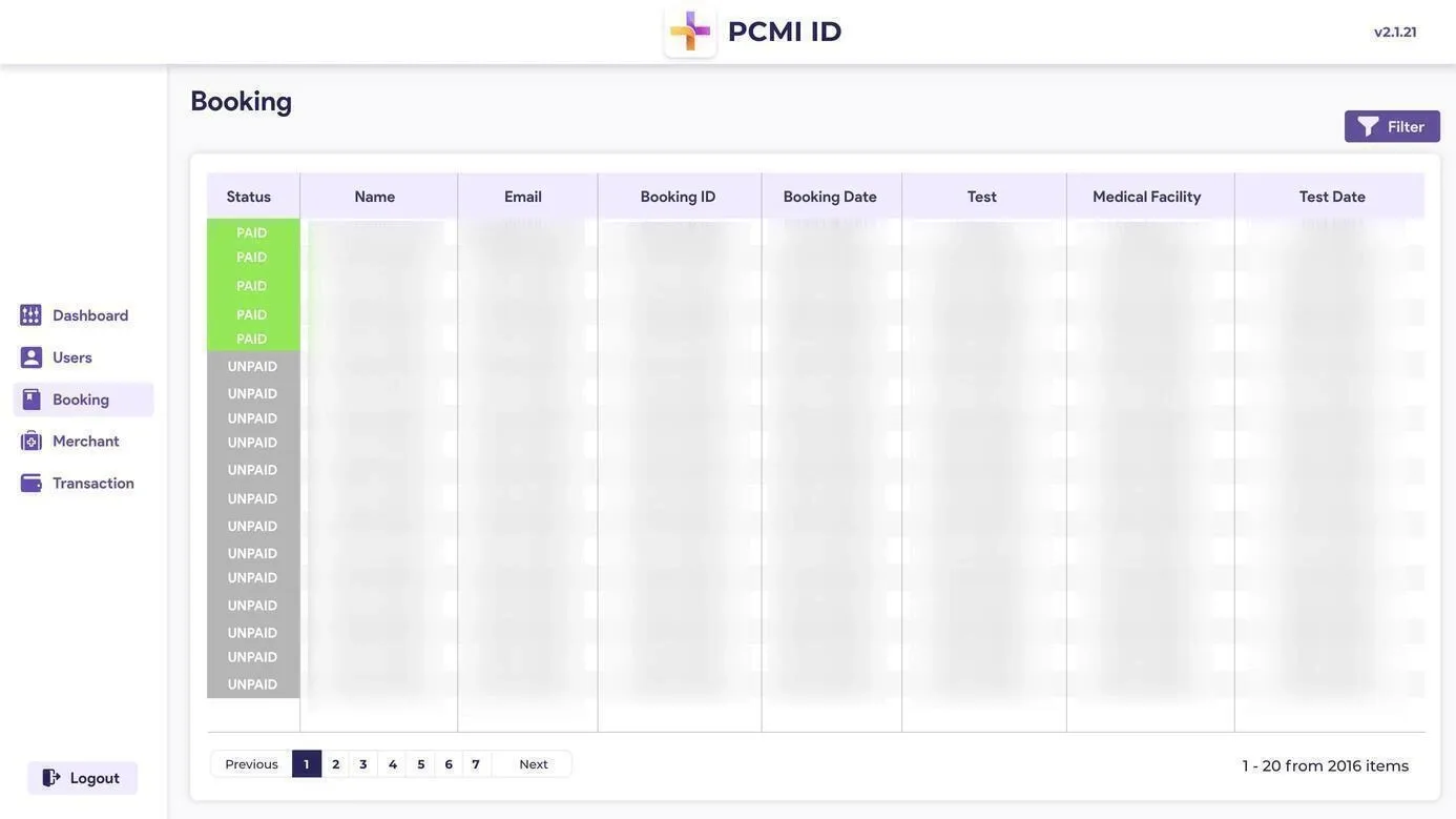 1Medix admin booking table with payment status, tests, and medical facilities.