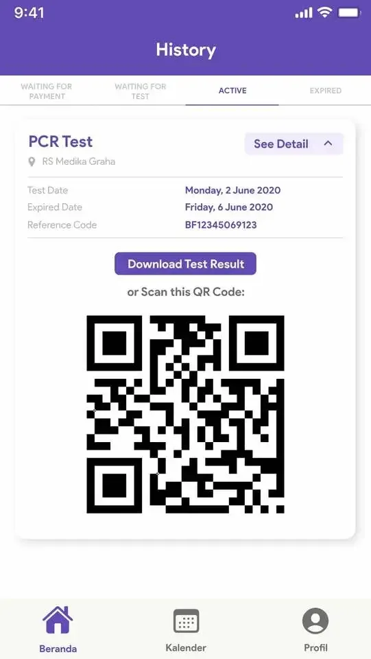 1Medix booking history with PCR test details, result download, and a QR code.