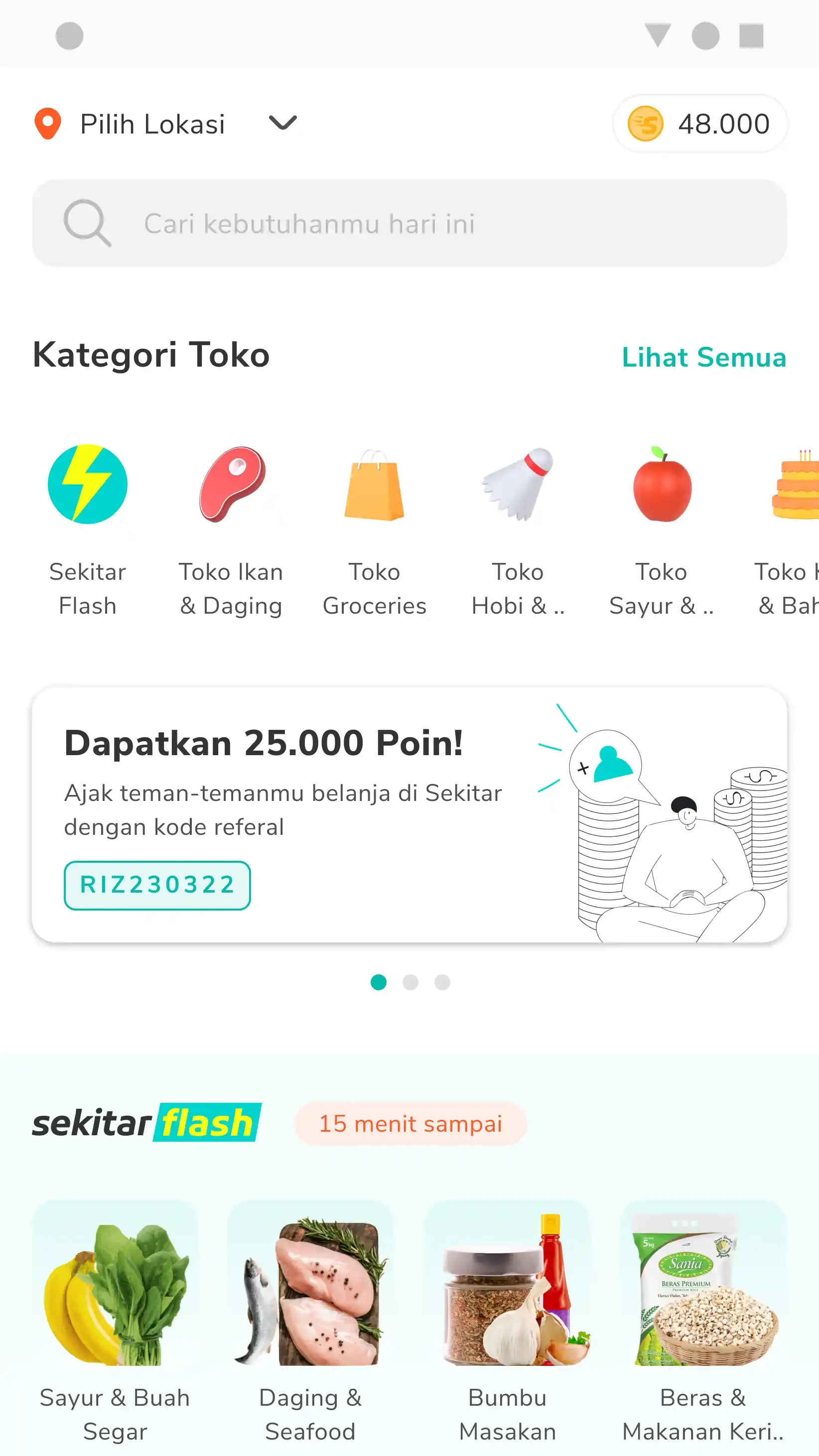 Home with store categories, a referral promo, and Sekitar Flash 15-minute delivery.