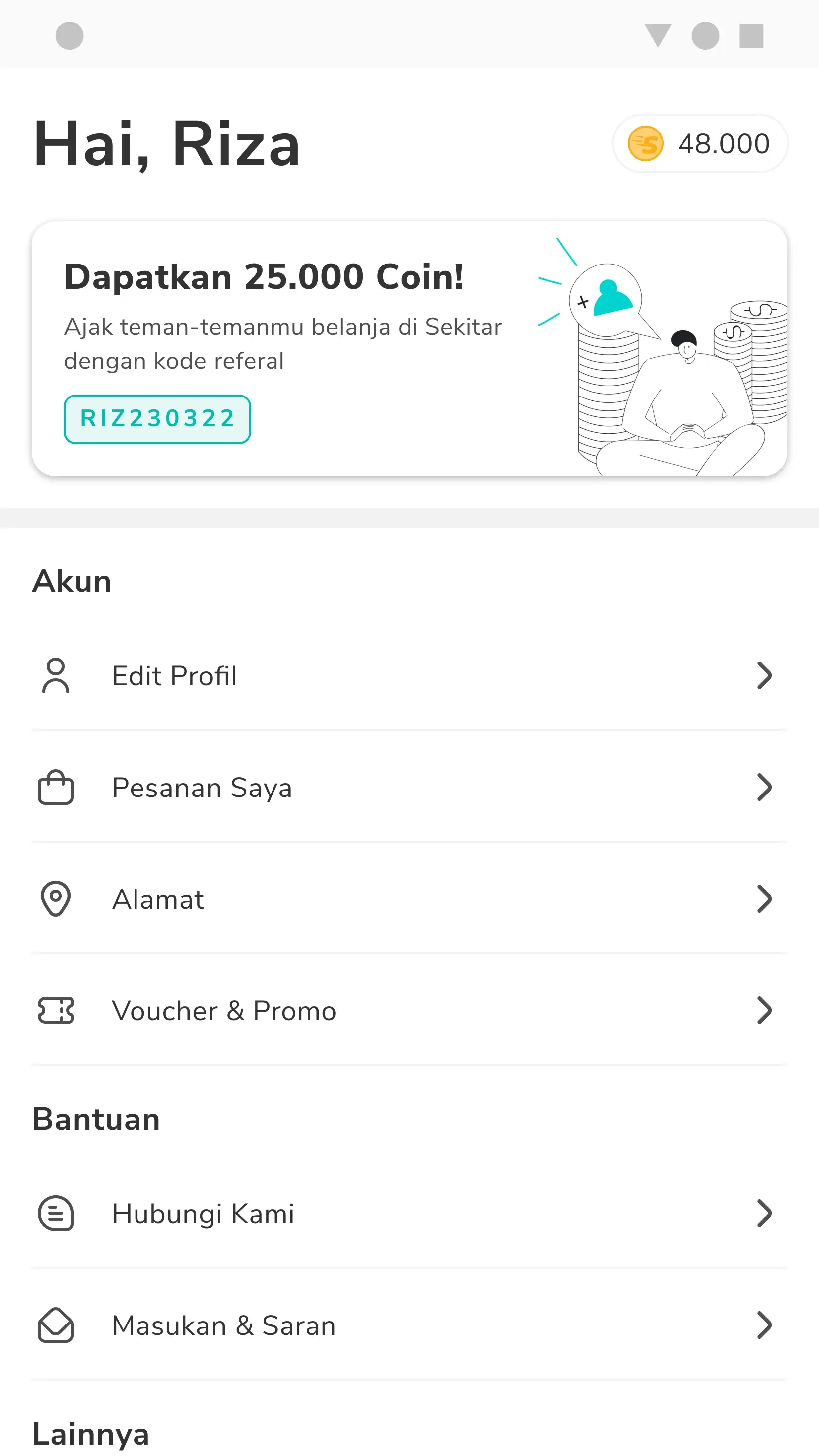 Account page with referral code, profile, orders, addresses, and help.