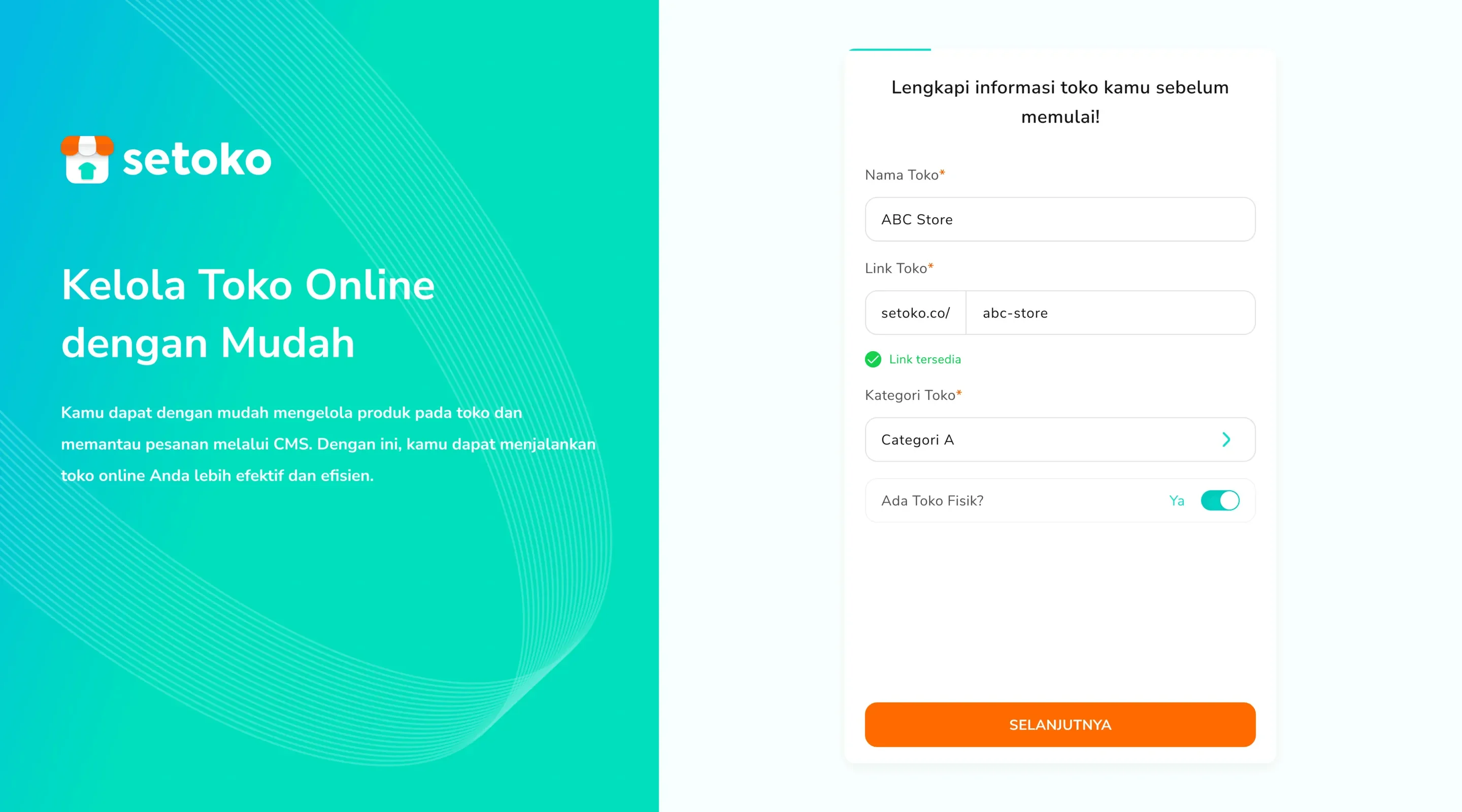 Onboarding form for store name, store link, and category.
