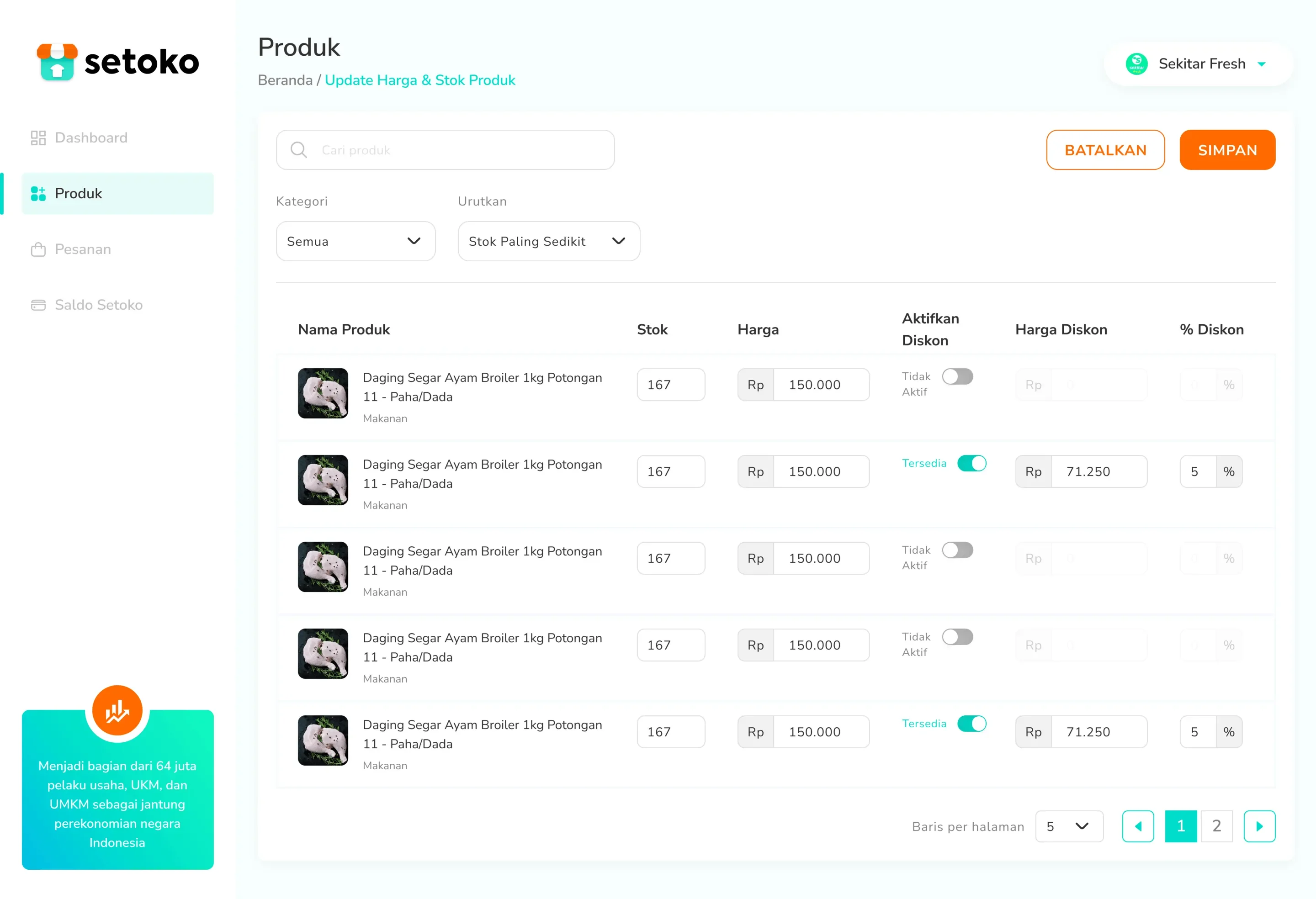 Product table with bulk editing of stock, price, and discounts.