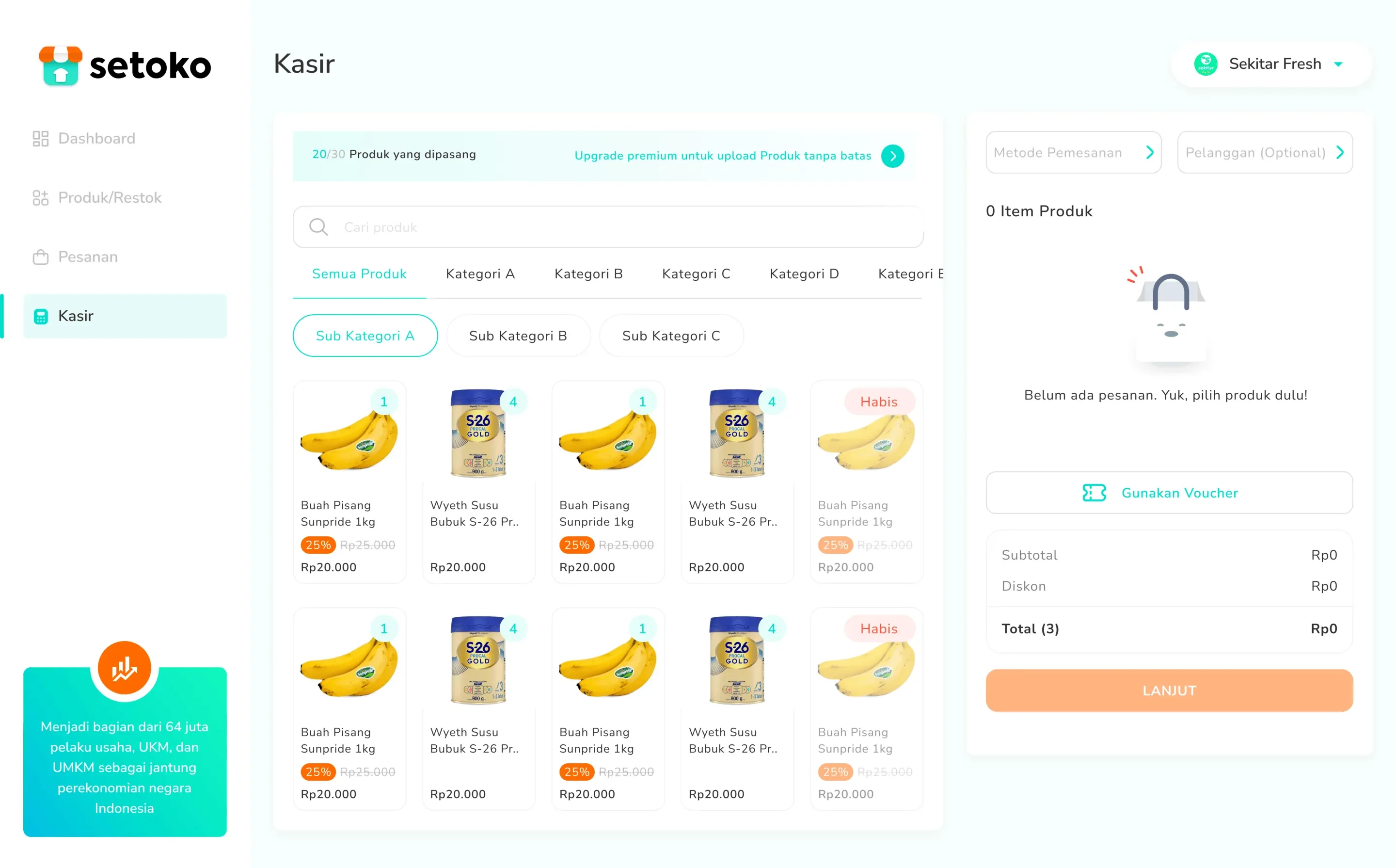 Point-of-sale screen with a product catalogue by category and an order cart.
