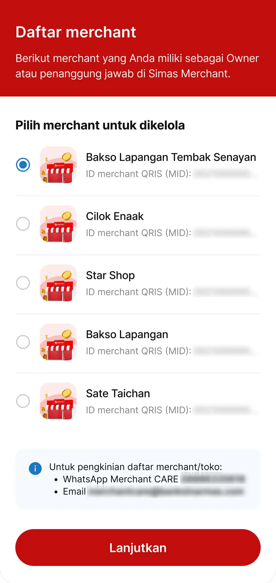 List of the owner's merchants to choose which store to manage.