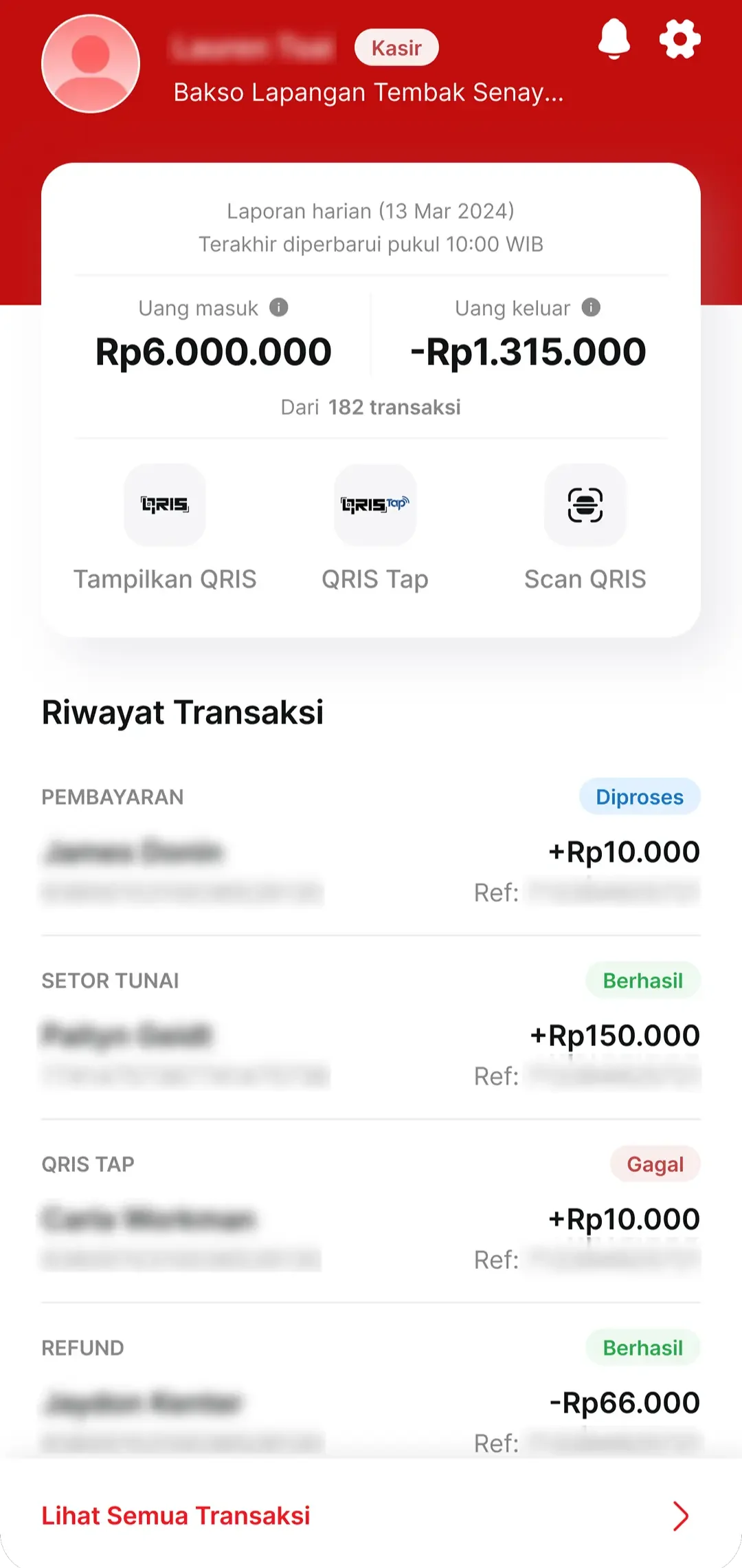 Cashier home with daily money in and out, QRIS actions, and recent transactions.