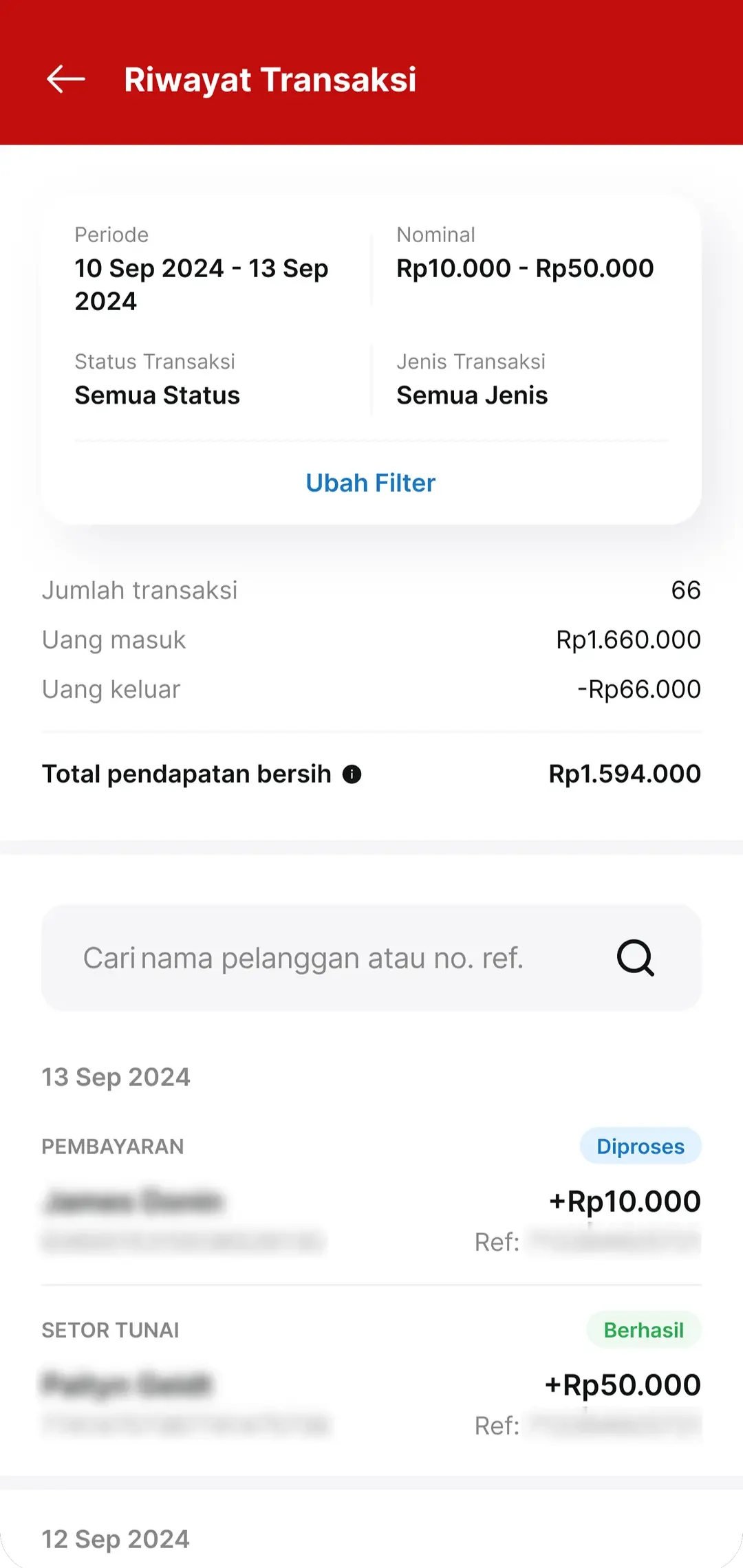 Transaction history with period filter, totals, net revenue, and a searchable list.
