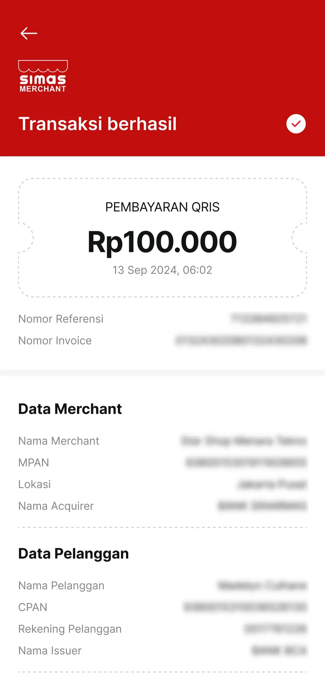 Successful QRIS payment receipt with merchant and customer details.