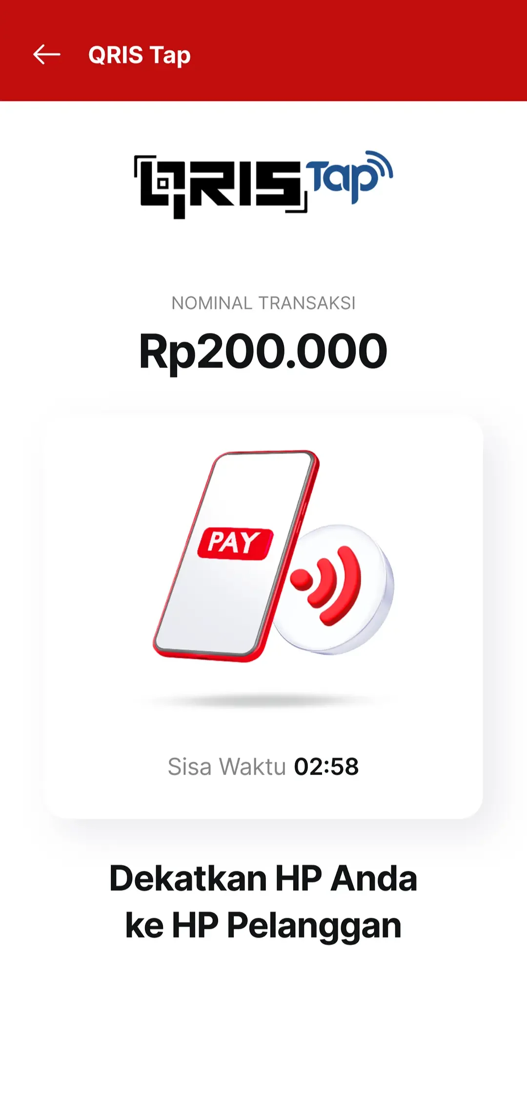 QRIS Tap screen showing the amount and asking the merchant to tap the customer's phone.