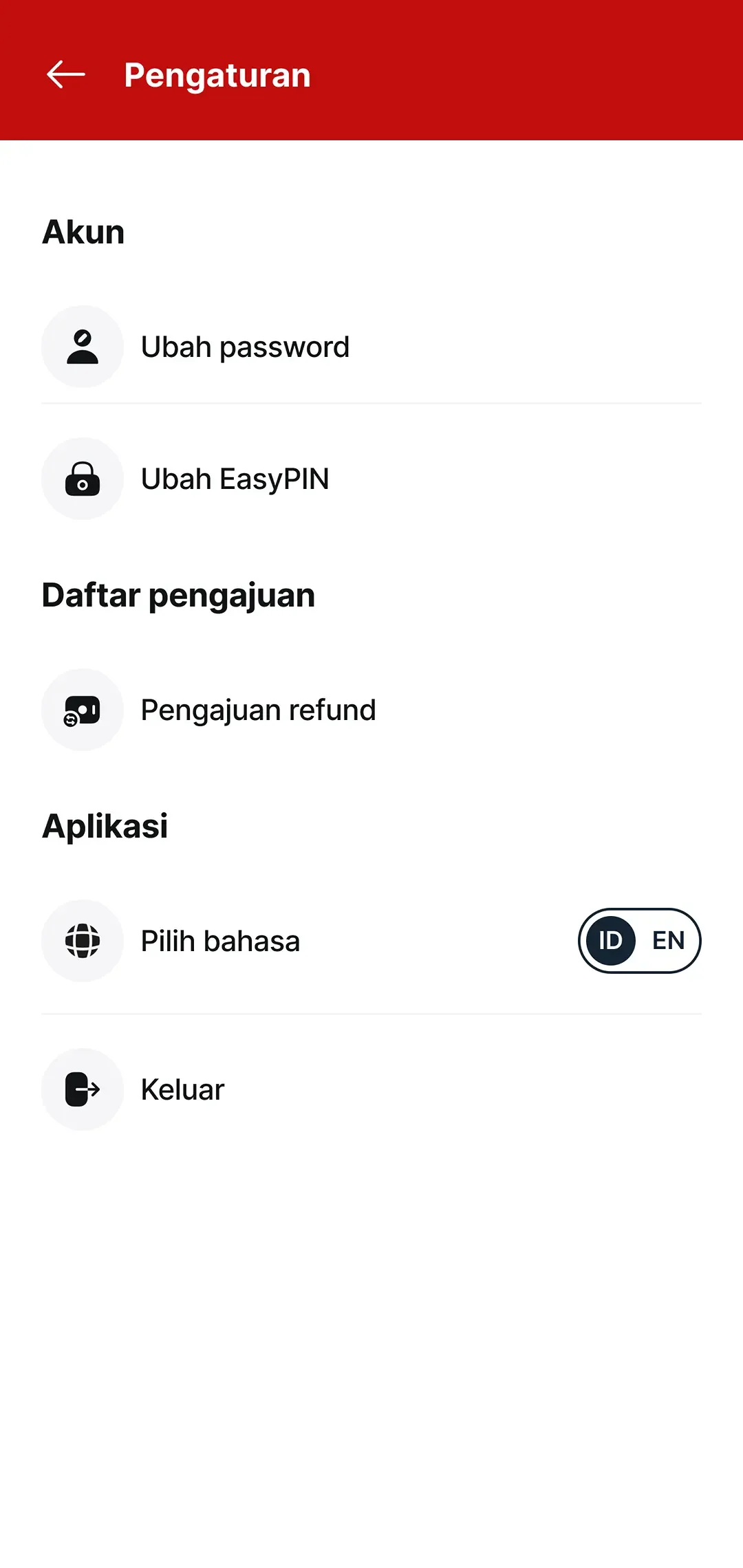 Settings for password, EasyPIN, refund requests, language, and logout.