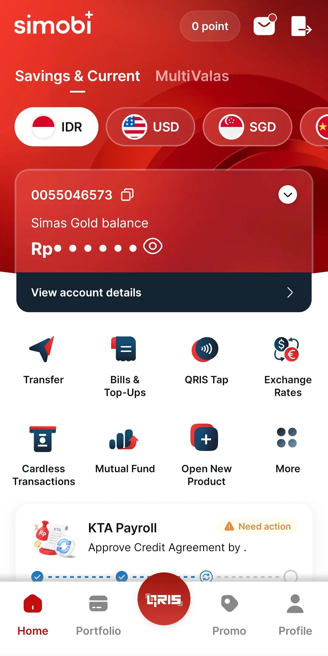 Home screen with balances in several currencies and quick actions for transfer, bills, and QRIS Tap.