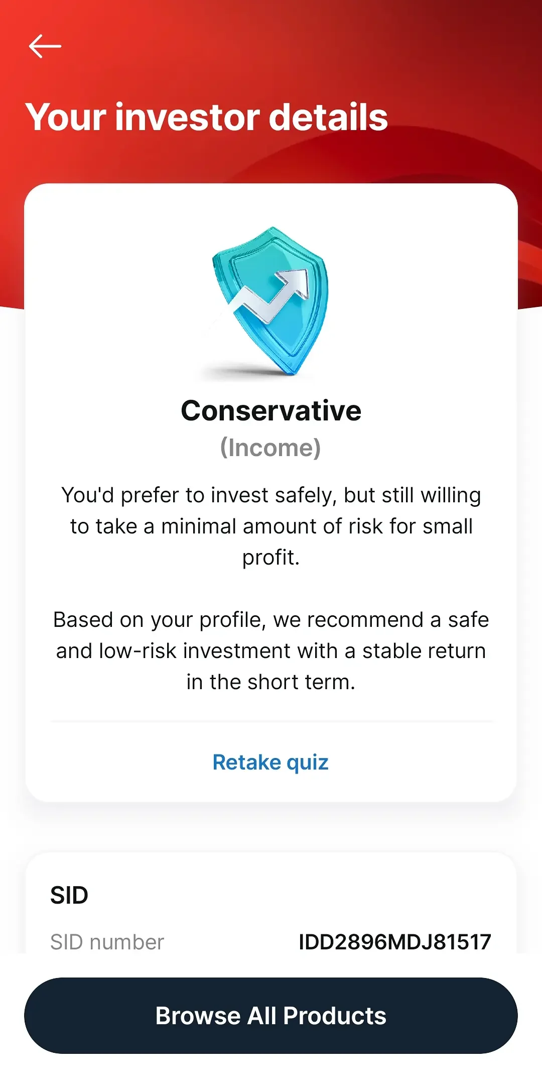 Investor risk profile result recommending a conservative strategy.